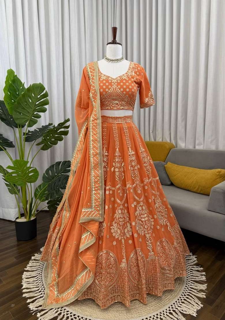 Orange Georgette Lehenga Set with Embroidered for Diwali | Wedding & Festive Wear - Indya