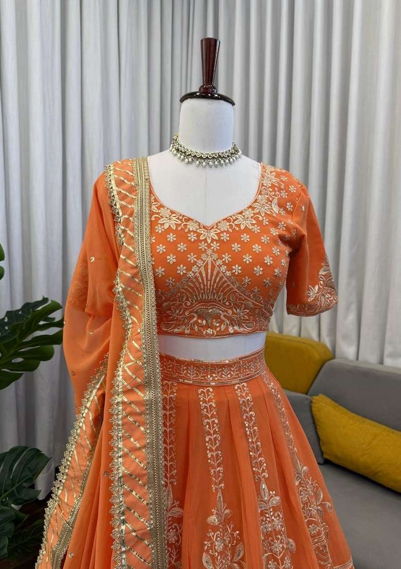 Orange Georgette Lehenga Set with Embroidered for Diwali | Wedding & Festive Wear - Indya