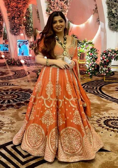 Orange Georgette Lehenga Set with Embroidered for Diwali | Wedding & Festive Wear