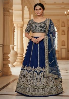 Navy Blue Embroidered Silk Lehenga Set