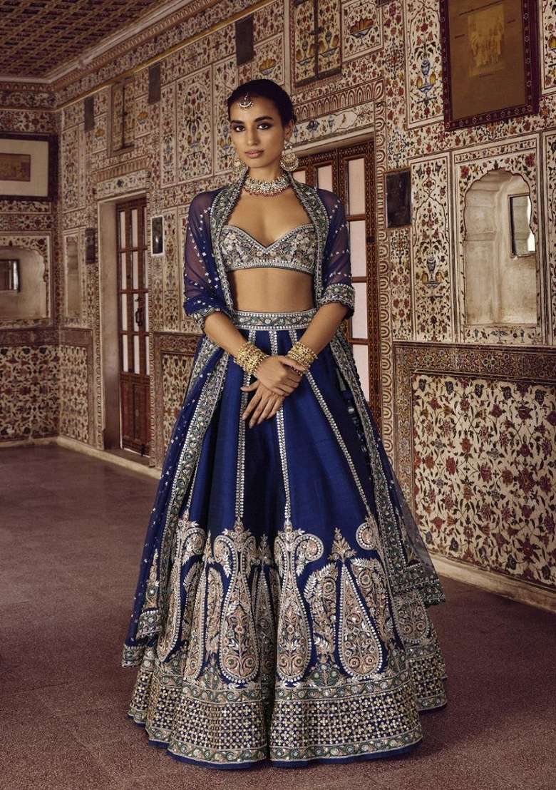 Navy Blue Embroidered Silk Lehenga Set for Diwali and Festive Wear - Indya
