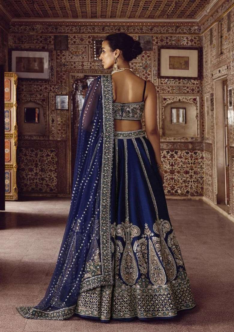 Navy Blue Embroidered Silk Lehenga Set for Diwali and Festive Wear - Indya