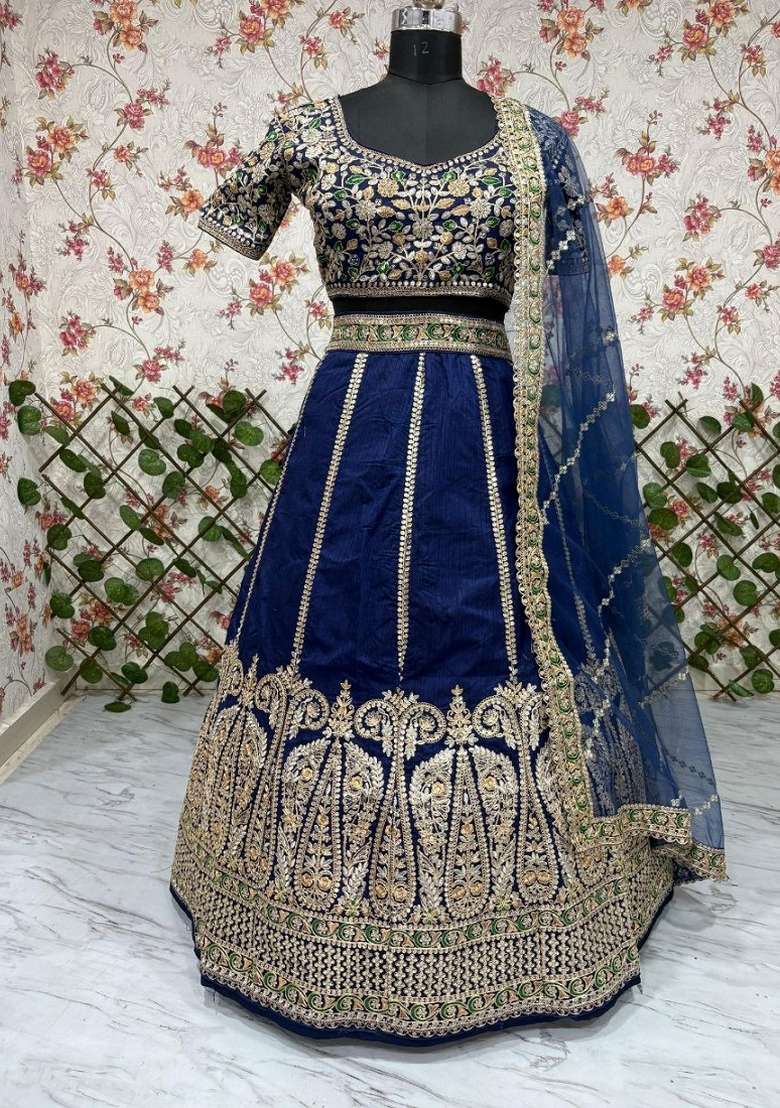 Navy Blue Embroidered Silk Lehenga Set for Diwali and Festive Wear - Indya