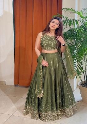 Olive Embroidered Silk Lehenga Set