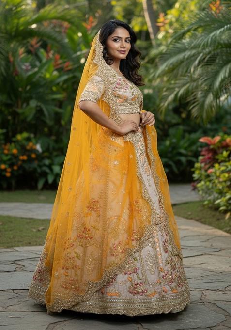 Light Brown Embroidered Crepe Lehenga Set