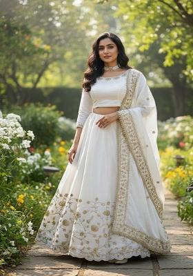 White Embroidered Silk Lehenga Set