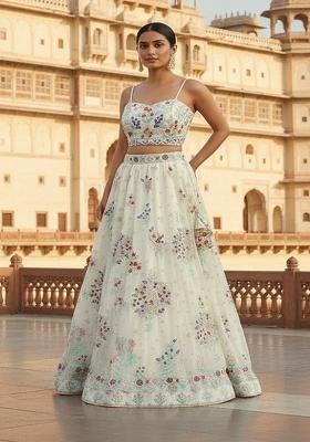 Off White Embroidered Georgette Lehenga Set