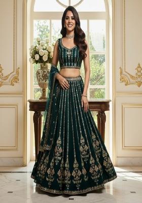 Bottle Green Embroidered Georgette Lehenga Set