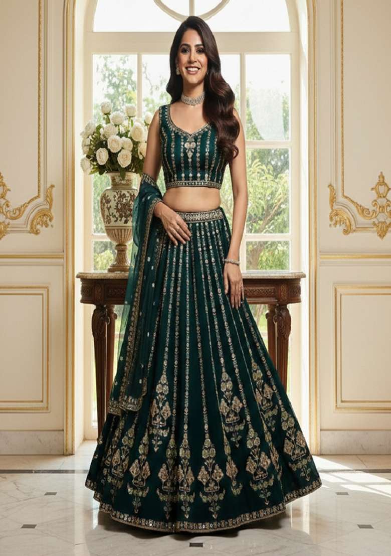 Bottle Green Embroidered Georgette Lehenga Set - Indya
