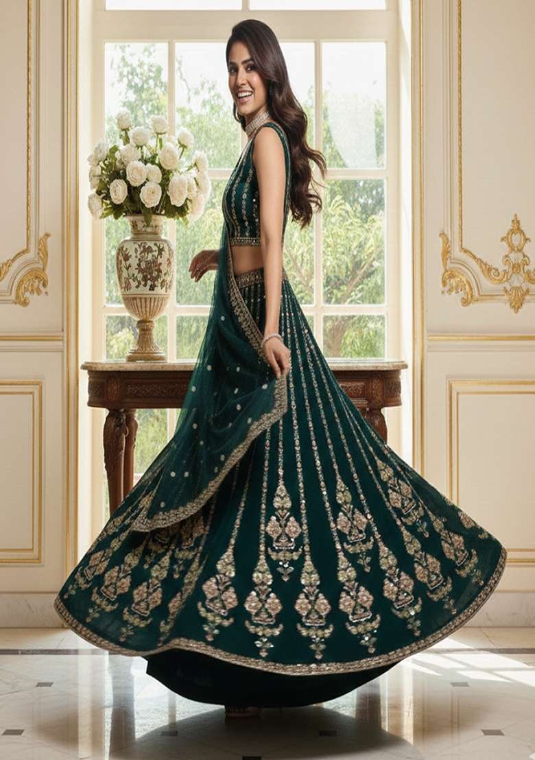 Bottle Green Embroidered Georgette Lehenga Set - Indya