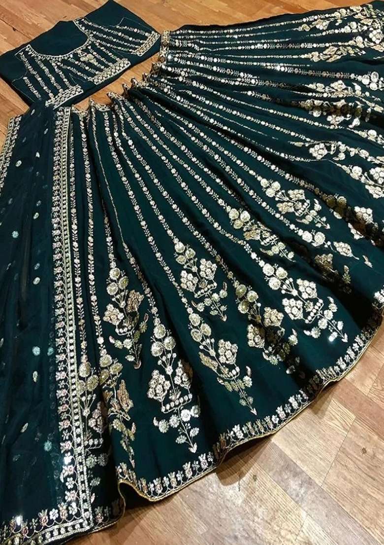 Bottle Green Embroidered Georgette Lehenga Set - Indya