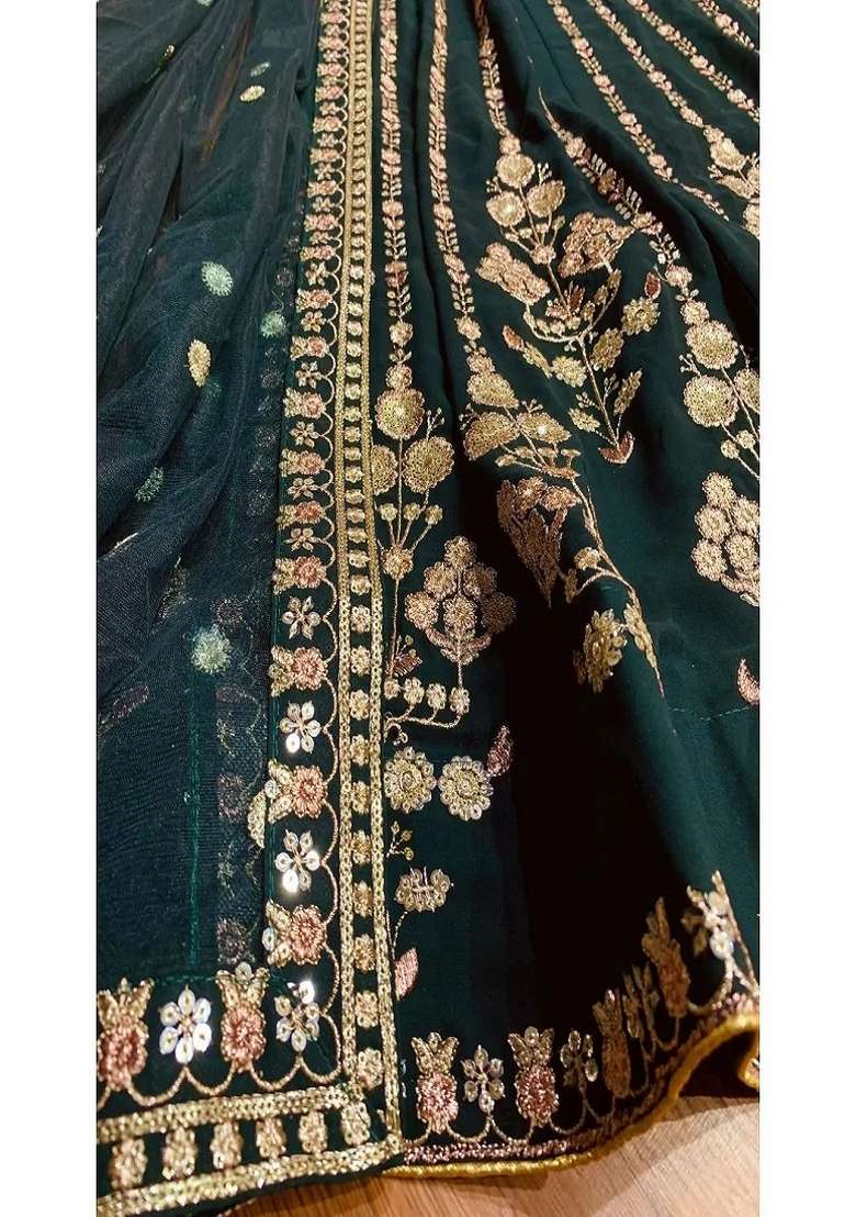 Bottle Green Embroidered Georgette Lehenga Set - Indya