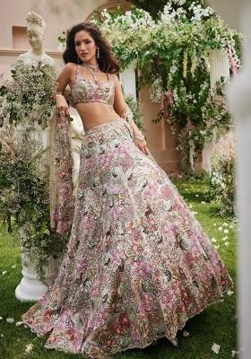 Off White Embroidered Georgette Lehenga Set