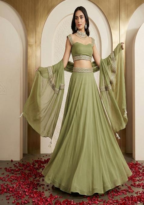 Olive Green Embroidered Georgette Lehenga Set