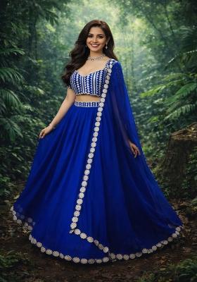 Blue Embroidered Georgette Lehenga Set
