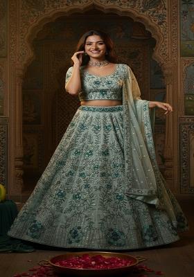 Light Green Embroidered Georgette Lehenga Set