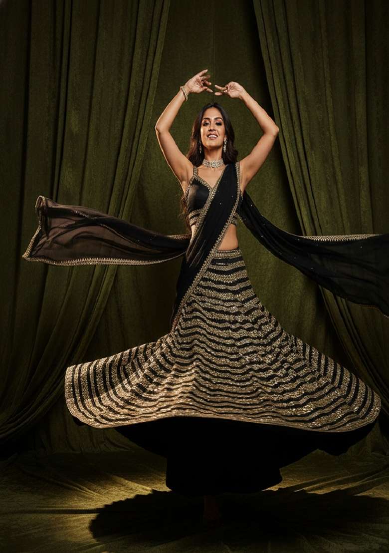 Black Embroidered Silk Lehenga Set for Diwali and Festive Wear - Indya