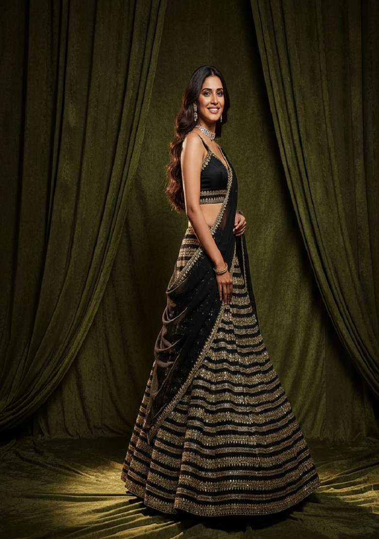 Black Embroidered Silk Lehenga Set for Diwali and Festive Wear - Indya