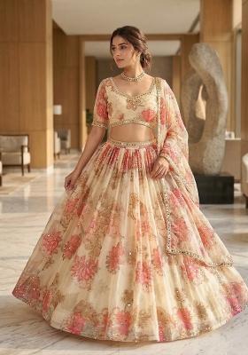 Light Yellow Embroidered Silk Lehenga Set