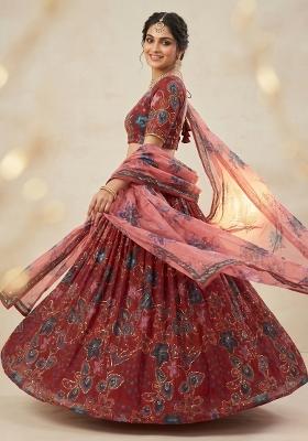 Red Embroidered Silk Lehenga Set