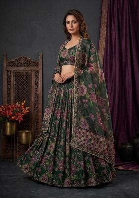 Green Embroidered Silk Lehenga Set
