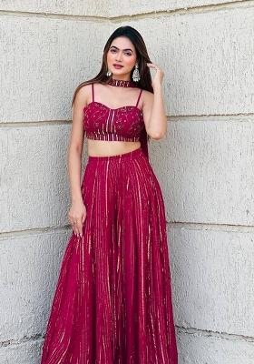 Maroon Embroidered Georgette Lehenga Set