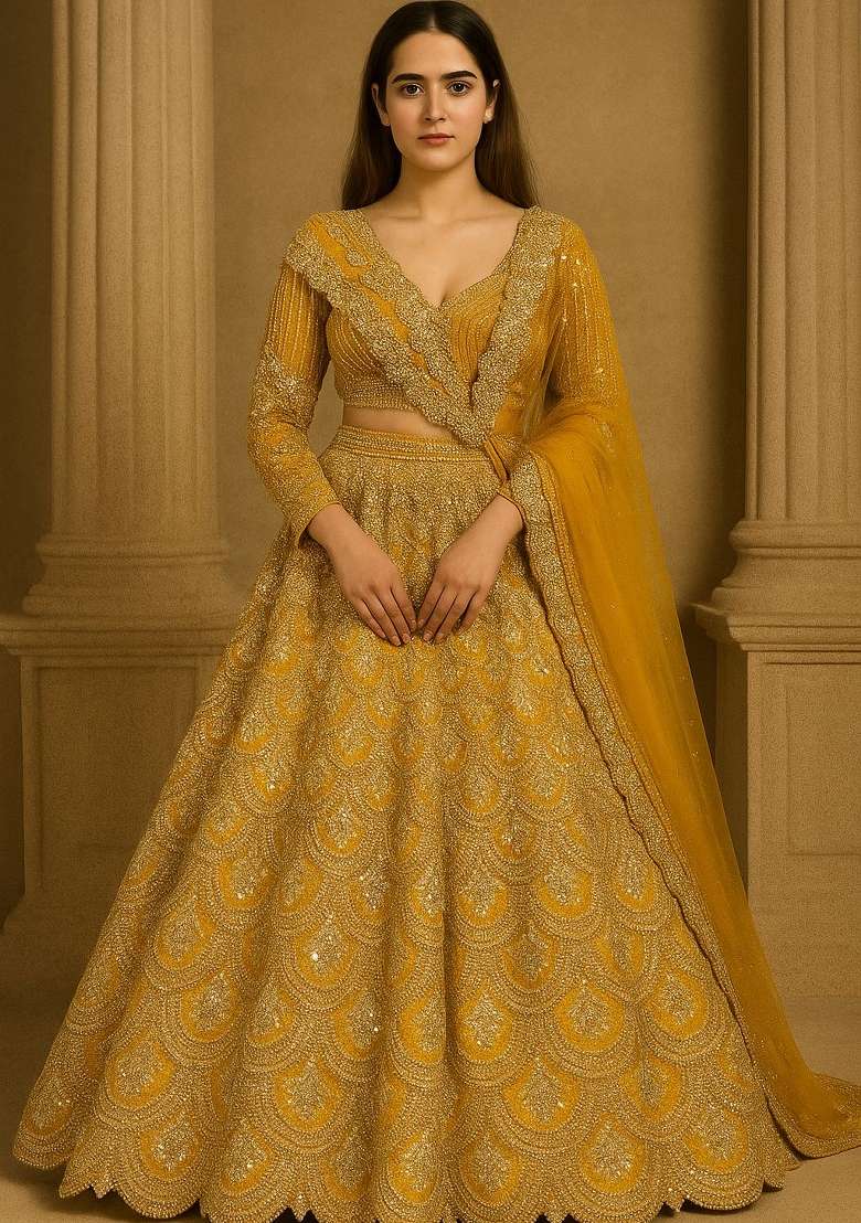 Yellow Embroidered Silk Lehenga Set - Indya