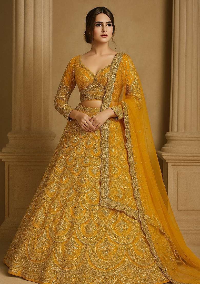 Yellow Embroidered Silk Lehenga Set - Indya