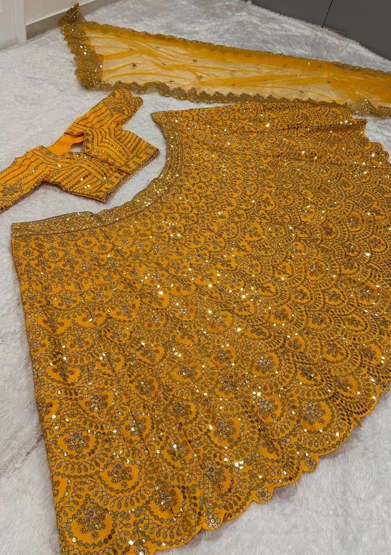 Yellow Embroidered Silk Lehenga Set - Indya