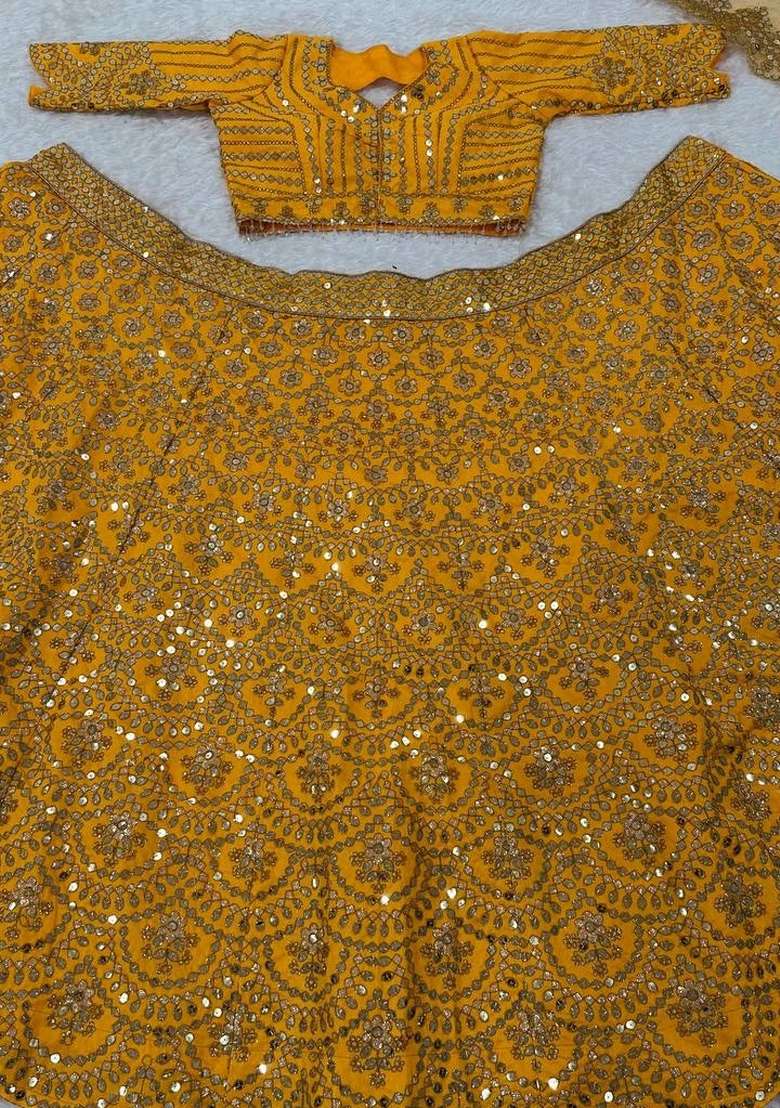 Yellow Embroidered Silk Lehenga Set - Indya