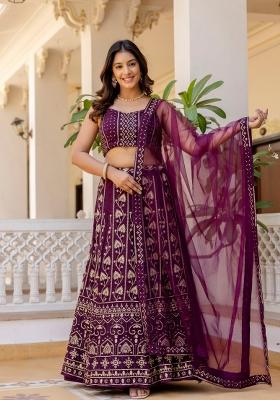 Wine Embroidered Georgette Lehenga Set