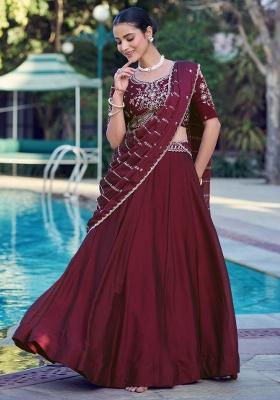 Maroon Embroidered Rangoli Crush Lehenga Set