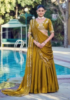 Mustard Embroidered Rangoli Crush Lehenga Set