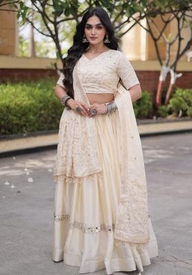 Off White Embroidered Satin Lehenga Set
