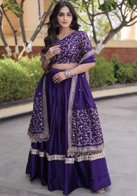 Purple Embroidered Satin Lehenga Set