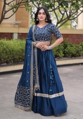 Teal Blue Embroidered Satin Lehenga Set