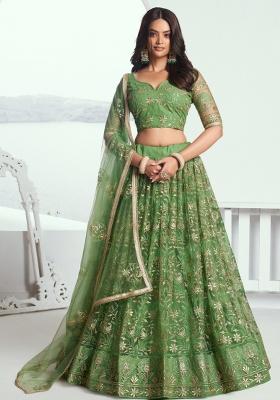 Green Embroidered Net Lehenga Set