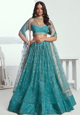 Rama Green Embroidered Net Lehenga Set