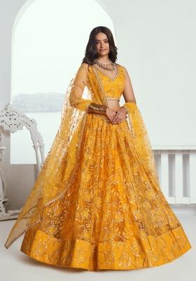Yellow Embroidered Net Lehenga Set