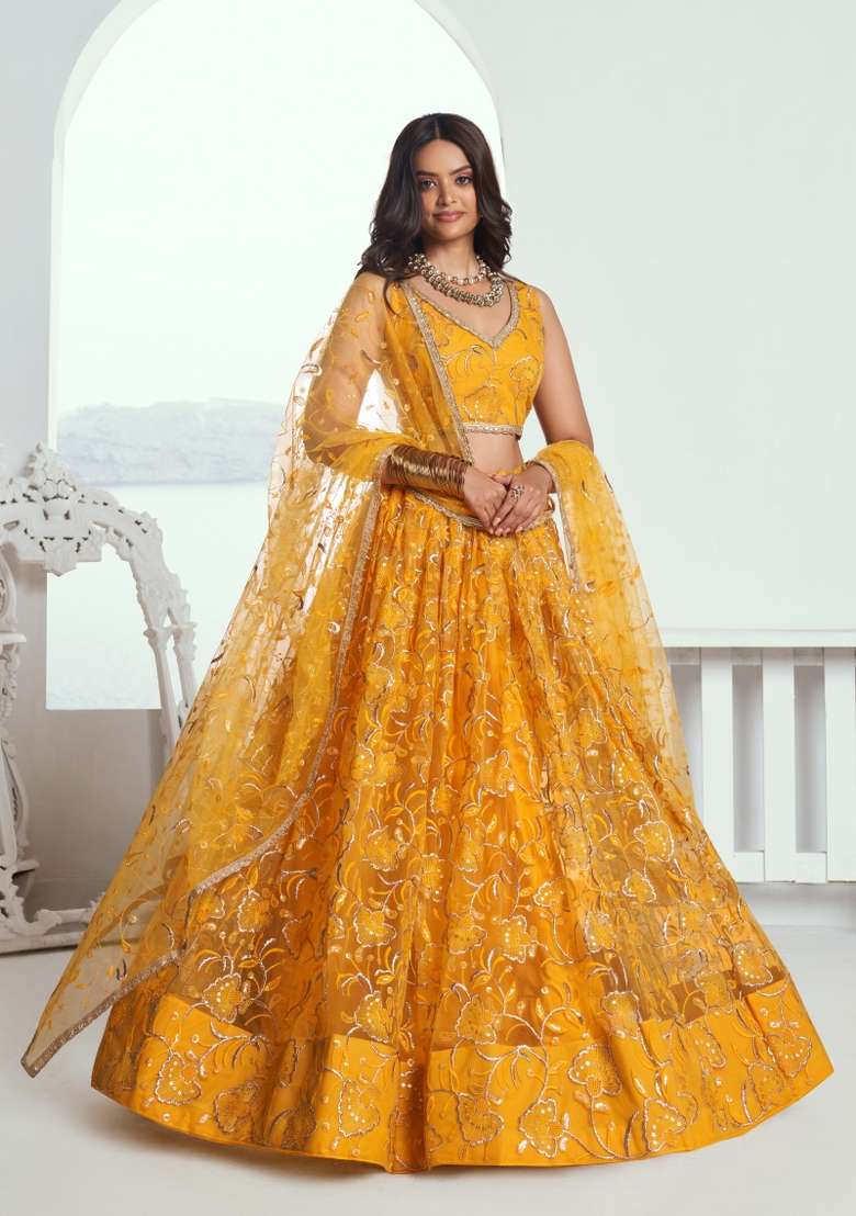 Yellow Embroidered Net Lehenga Set for Diwali and Festive Wear - Indya