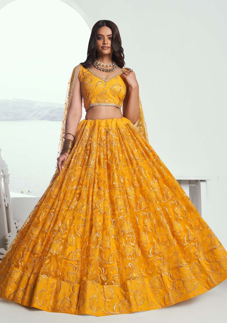 Yellow Embroidered Net Lehenga Set for Diwali and Festive Wear - Indya