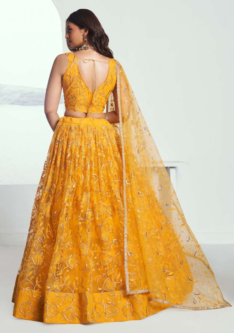 Yellow Embroidered Net Lehenga Set for Diwali and Festive Wear - Indya