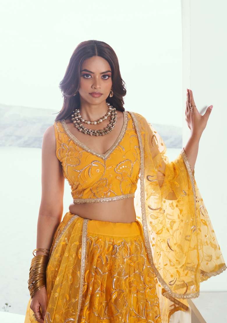 Yellow Embroidered Net Lehenga Set for Diwali and Festive Wear - Indya