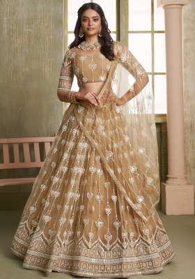 Chiku Net Lehenga Set with Embroidered for Diwali | Wedding & Festive Wear