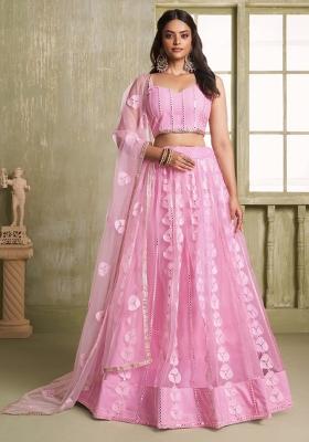 Pink Embroidered Net Lehenga Set