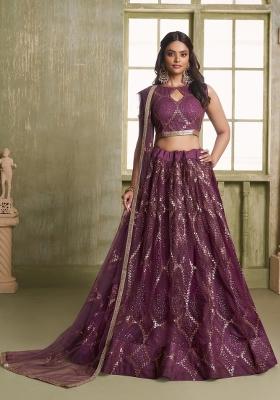 Purple Embroidered Net Lehenga Set