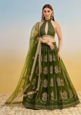 Mehendi Embroidered Net Lehenga Set