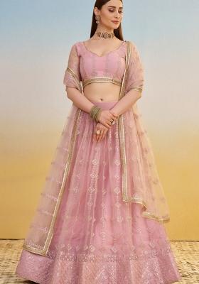 Pink Embroidered Net Lehenga Set