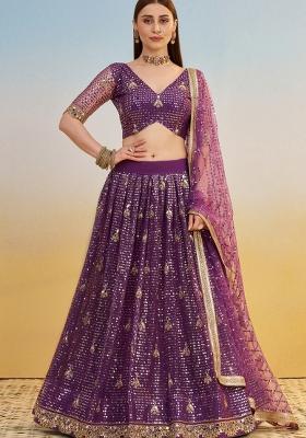 Purple Embroidered Net Lehenga Set