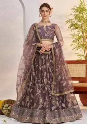 Purple Embroidered Net Lehenga Set
